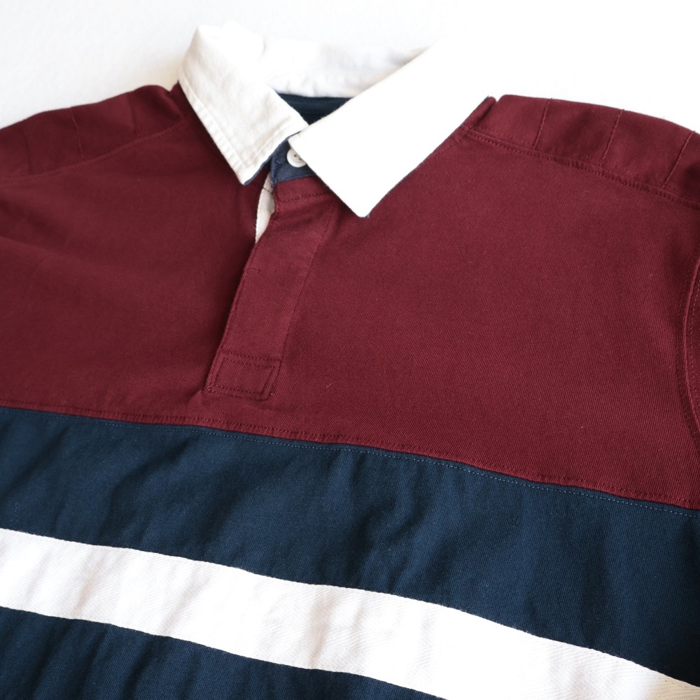St Johns Bay Mens Large Rugby Shirt Burgundy Navy Stripe Long Sleeve Cotton